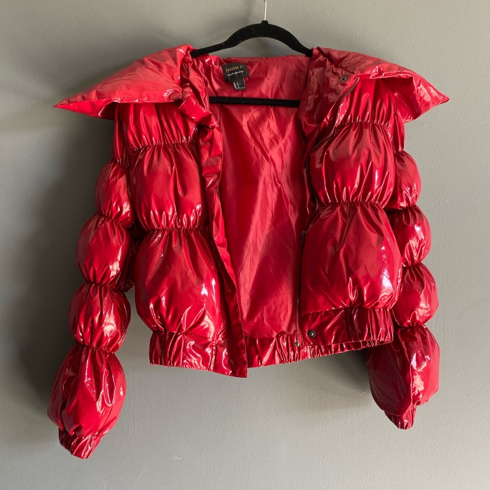 Red puffer coat